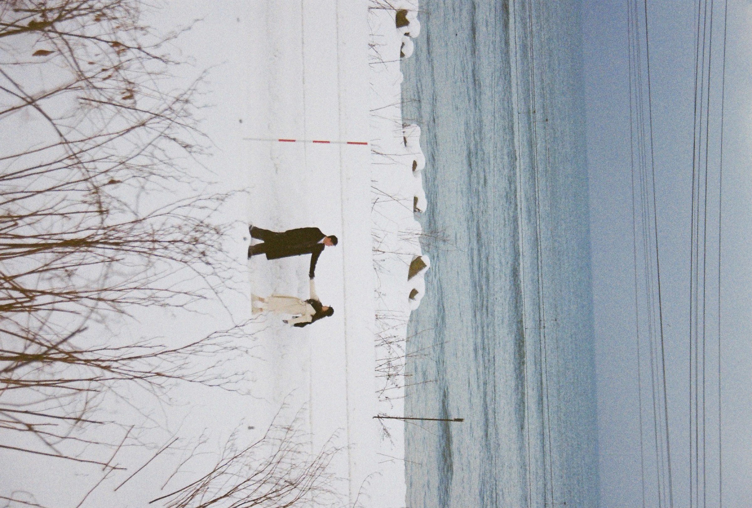 白色雪坡远处，两个人牵手站在海边