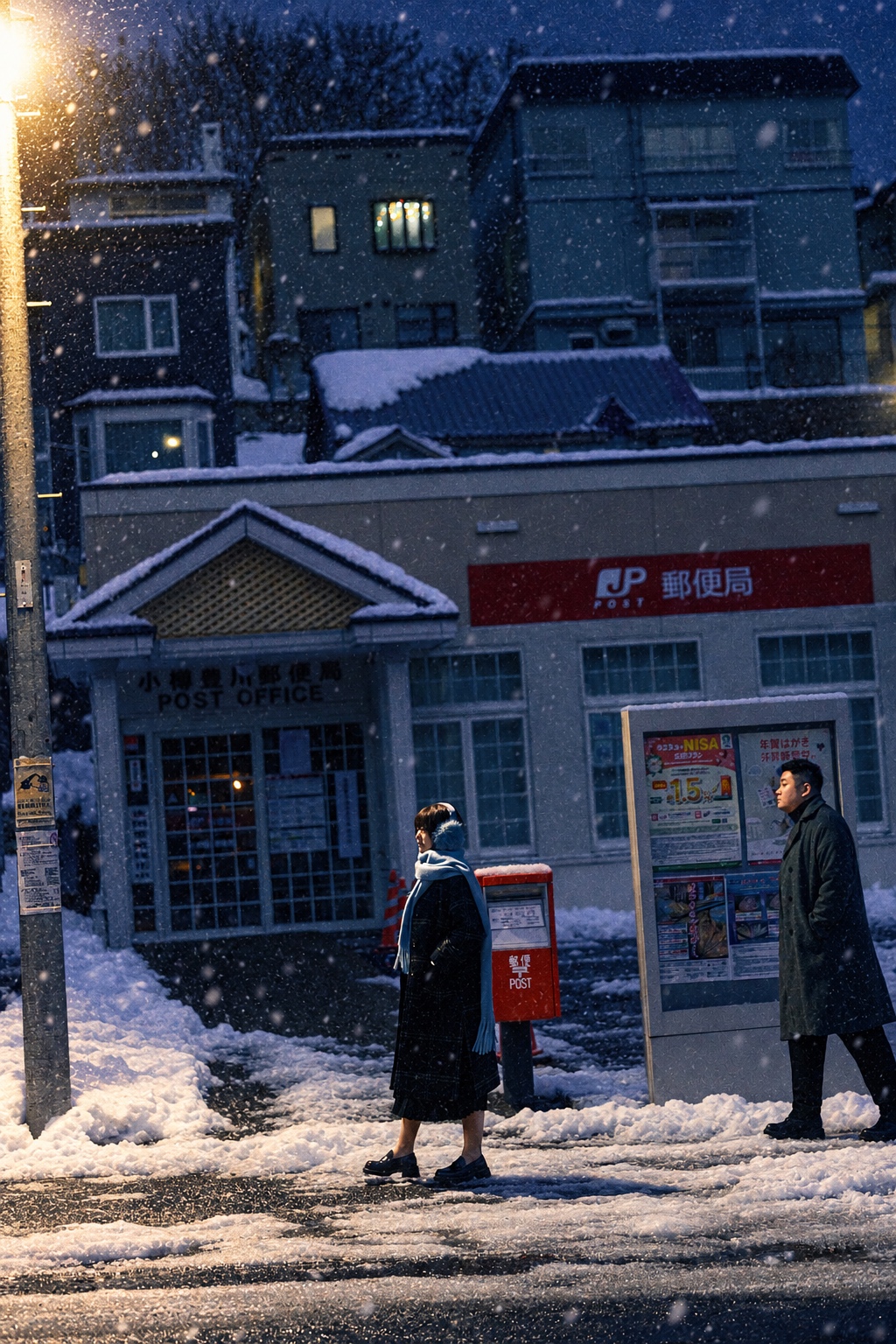 雪夜里，两个人站在邮筒与路灯旁