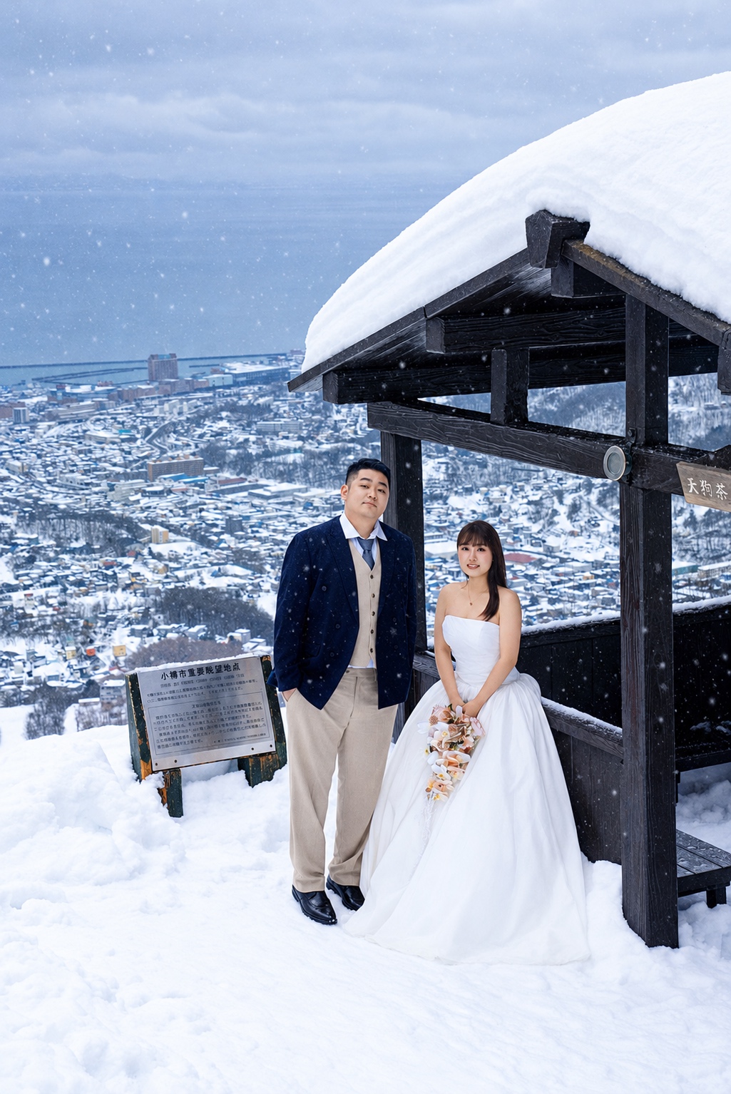 厚雪屋檐旁，两个人穿着礼服并肩站立