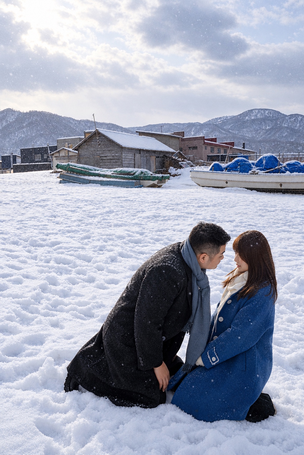 海边雪地里，两个人跪坐着相互靠近