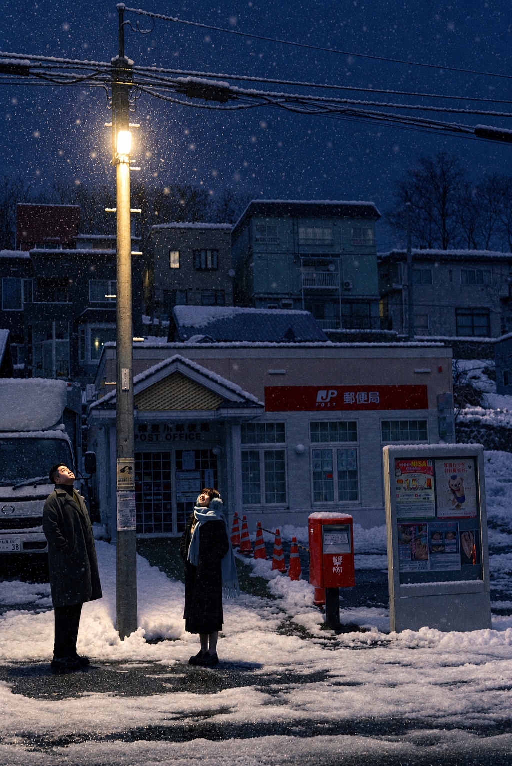 路灯照着积雪的街道，两个人站在邮筒旁
