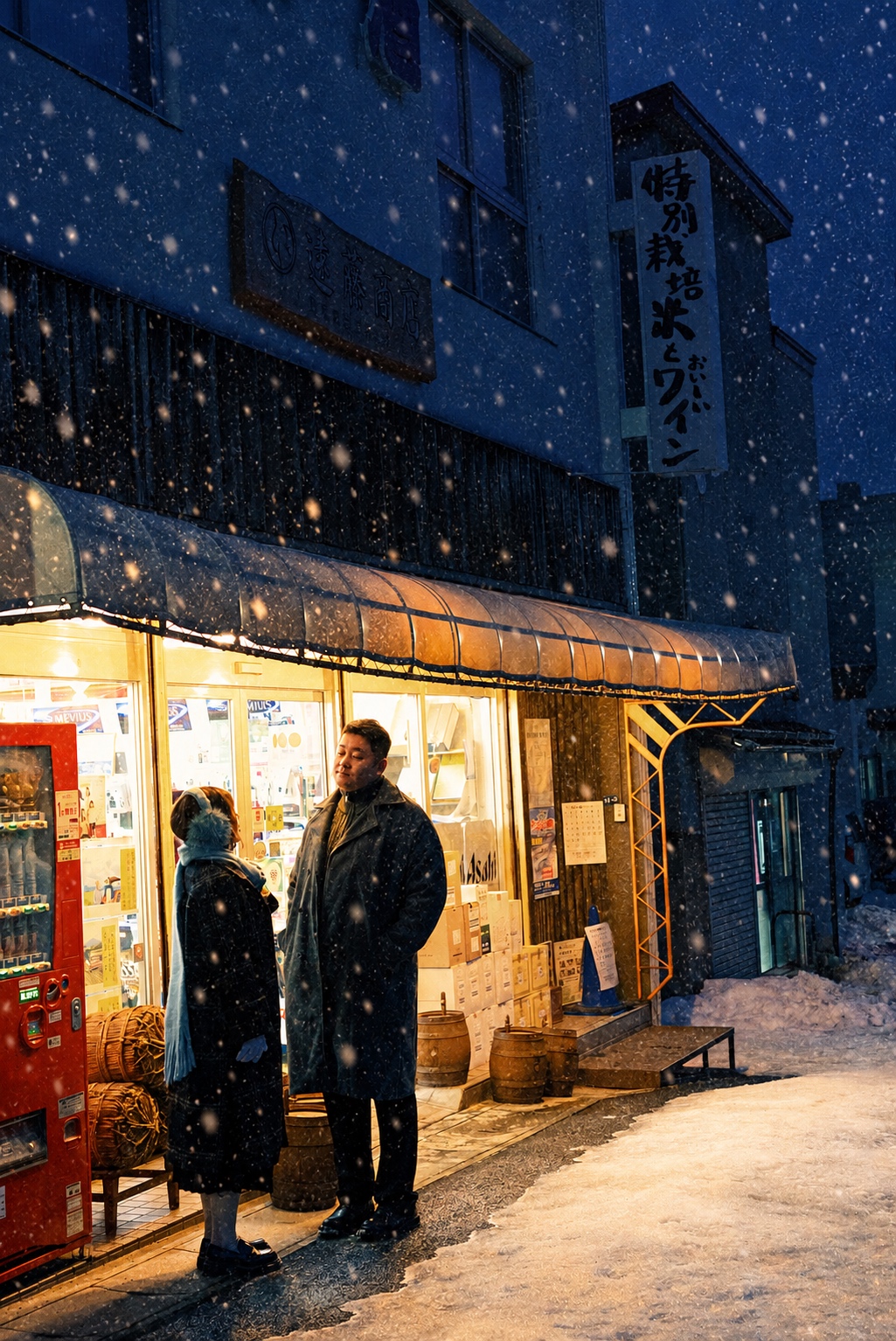 雪夜的小店门前，两个人相向站在暖光中