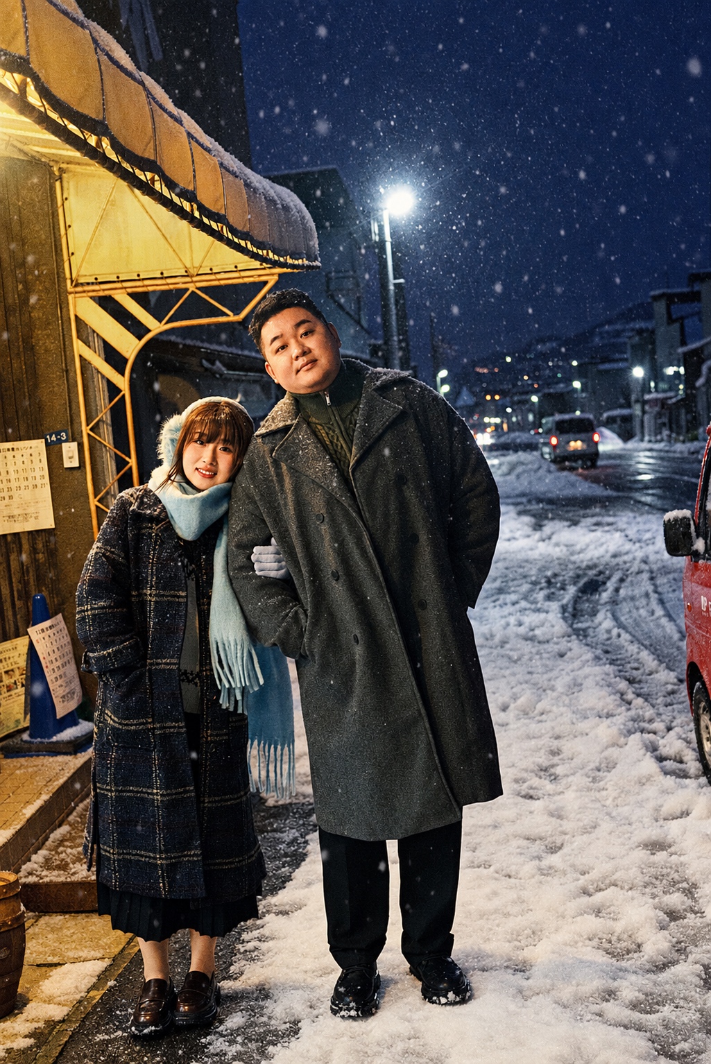暖色店灯与飘雪中，两个人靠在一起微笑
