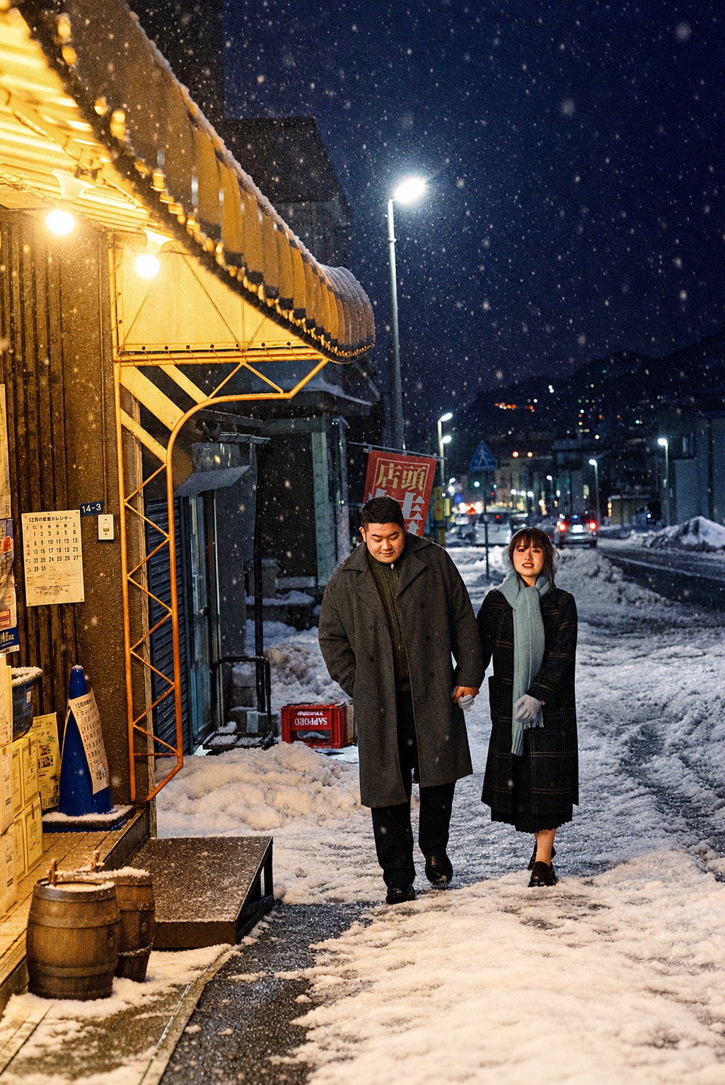 暖色遮棚旁，两个人沿着雪路并肩向前走