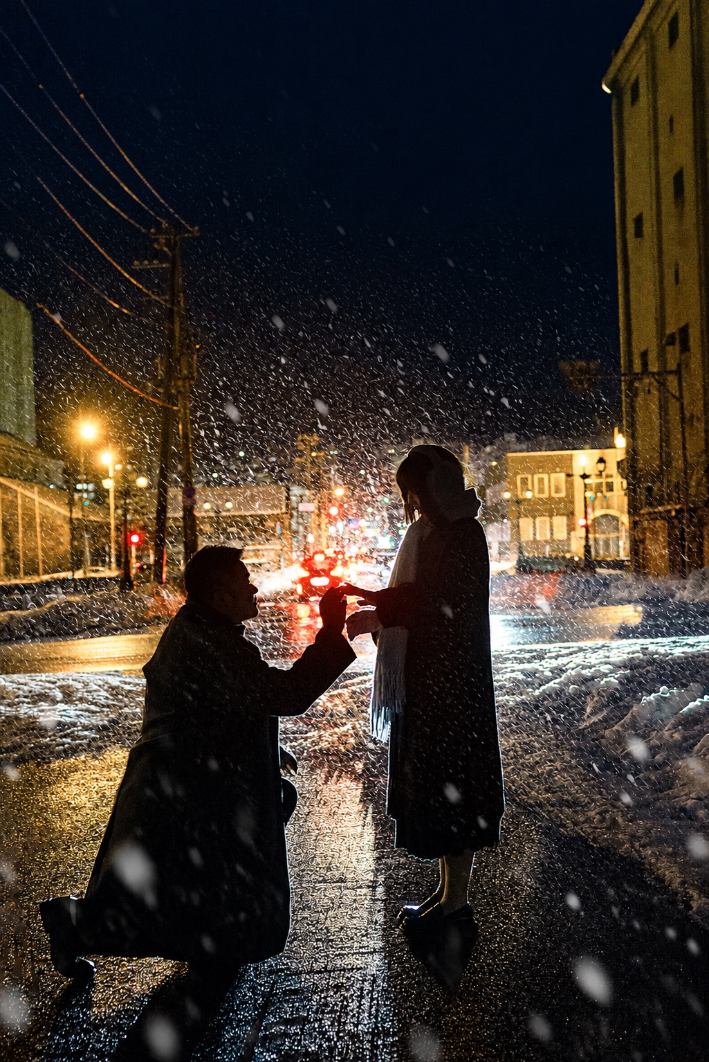 飘雪的夜路上，新郎单膝跪地牵起新娘的手